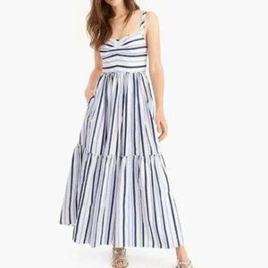 J.CREW Shirting Stripe Tiered Maxi Dress In Multi Blue